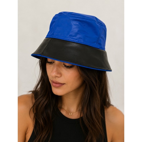 Unbranded Accessories - Vintage Hat Genuine Leather Bucket Hat Two Tone Blue Black Made in USA One Size